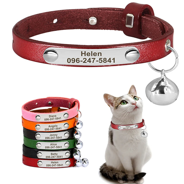 Personalized Leather Cat Collar – Custom Adjustable Kitten & Puppy ID Collar with Name Tag & Anti-Lost Design