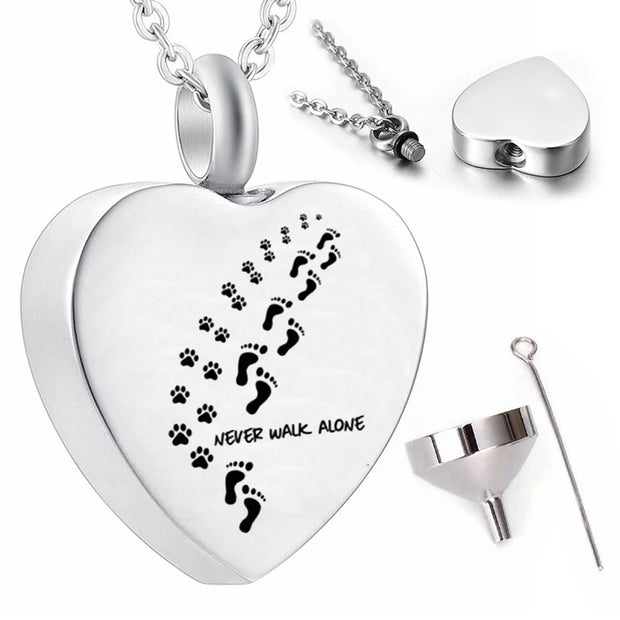 Pet Memorial Necklace – “Never Walk Alone” Cremation Jewelry with Dog Paw & Owner Footprint Pendant - My Store Pet