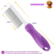 Pettine viola per cani e gatti con denti lunghi e corti in metallo in acciaio inossidabile per rimuovere i grovigli e nodi - My Store Pet
