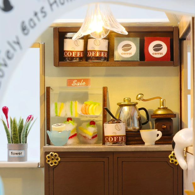 Cat Café Kit casa modello in legno fai-da-te - Assemblaggio puzzle 3D, Decorazioni per la casa in miniatura fatte a mano, Regalo di Natale Regali creativi - My Store Pet