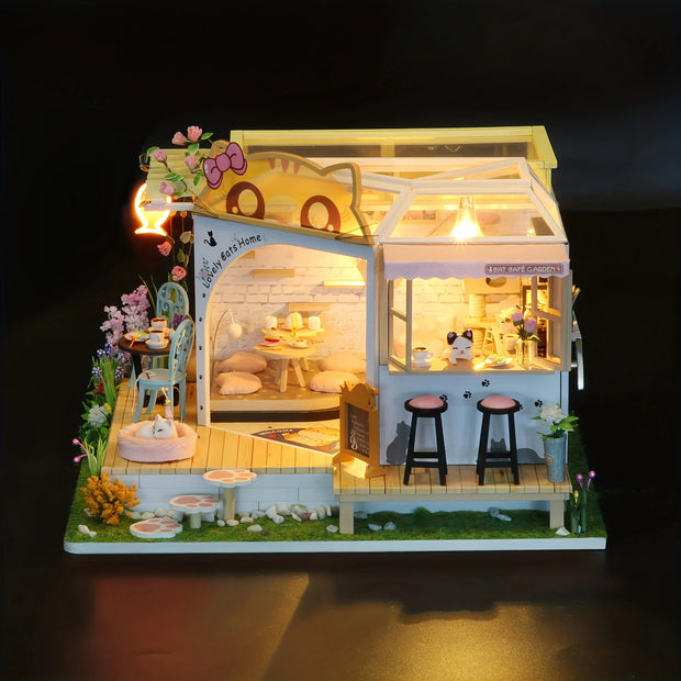 Cat Café Kit casa modello in legno fai-da-te - Assemblaggio puzzle 3D, Decorazioni per la casa in miniatura fatte a mano, Regalo di Natale Regali creativi - My Store Pet