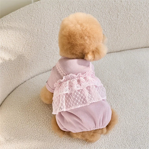 Pet Primavera Estate Tuta Carino Canotta di pizzo Cucciolo Teddy Cat Waffle Pizzo Cappotto a quattro zampe Cane di piccola taglia Vestiti per cuccioli Pigiama per cani - My Store Pet