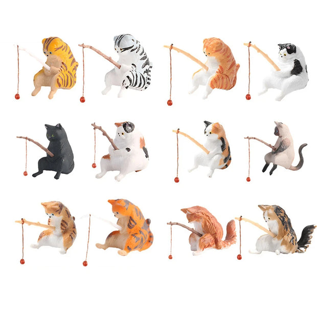 Gatti Fishing Figurine Cat Sculpture Sitting Fishing Little Cute Cat Resin Ornament arredamento decorativo per acquario casa - My Store Pet