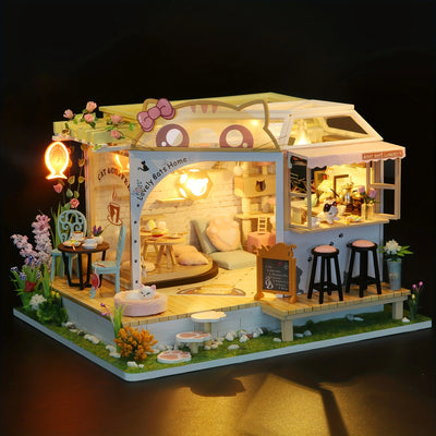 Cat Café Kit casa modello in legno fai-da-te - Assemblaggio puzzle 3D, Decorazioni per la casa in miniatura fatte a mano, Regalo di Natale Regali creativi - My Store Pet