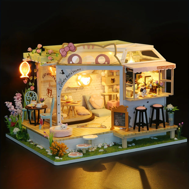 Cat Café Kit casa modello in legno fai-da-te - Assemblaggio puzzle 3D, Decorazioni per la casa in miniatura fatte a mano, Regalo di Natale Regali creativi - My Store Pet