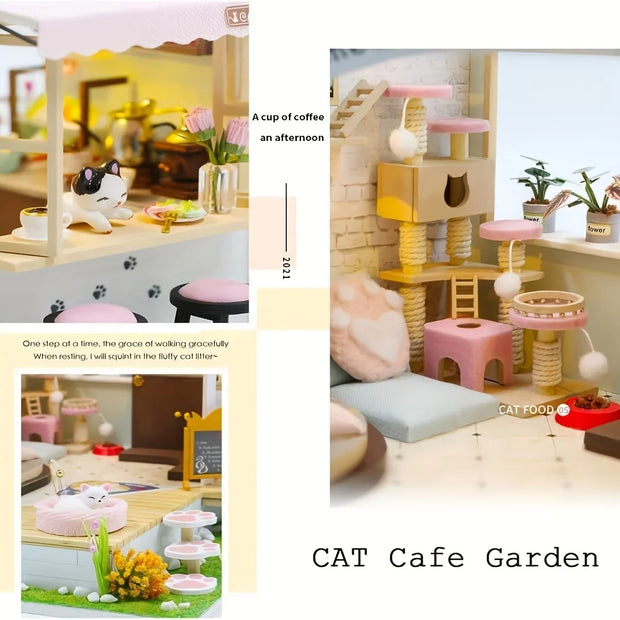 Cat Café Kit casa modello in legno fai-da-te - Assemblaggio puzzle 3D, Decorazioni per la casa in miniatura fatte a mano, Regalo di Natale Regali creativi - My Store Pet