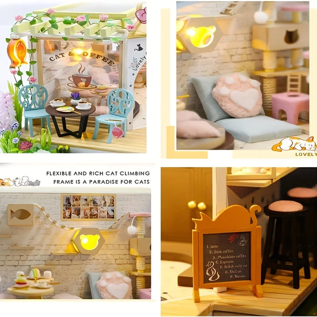 Cat Café Kit casa modello in legno fai-da-te - Assemblaggio puzzle 3D, Decorazioni per la casa in miniatura fatte a mano, Regalo di Natale Regali creativi - My Store Pet