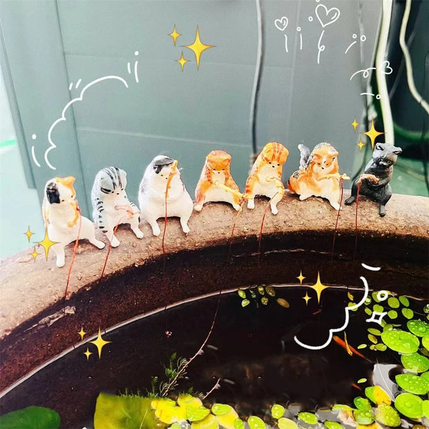 Gatti Fishing Figurine Cat Sculpture Sitting Fishing Little Cute Cat Resin Ornament arredamento decorativo per acquario casa - My Store Pet