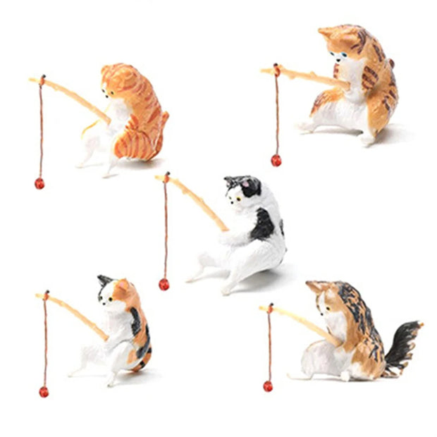 Gatti Fishing Figurine Cat Sculpture Sitting Fishing Little Cute Cat Resin Ornament arredamento decorativo per acquario casa - My Store Pet