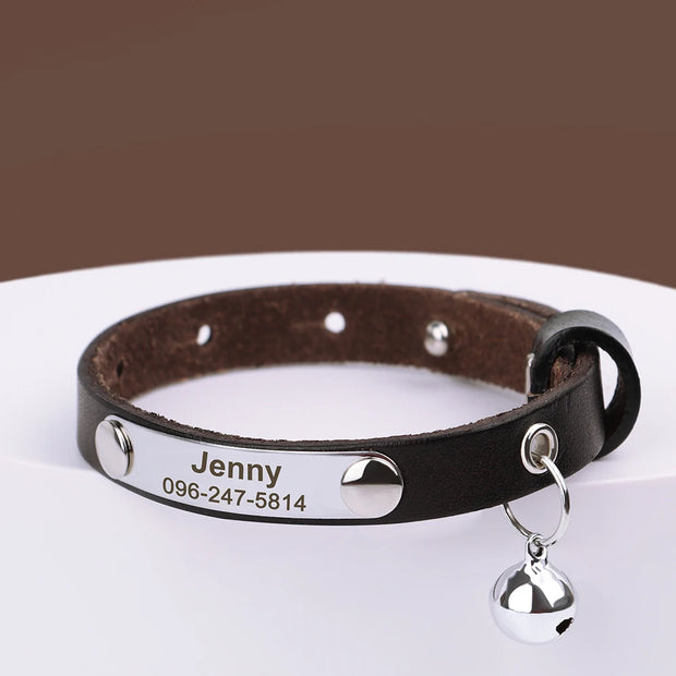 Personalized Leather Cat Collar – Custom Adjustable Kitten & Puppy ID Collar with Name Tag & Anti-Lost Design - My Store Pet