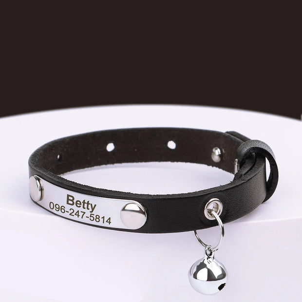 Personalized Leather Cat Collar – Custom Adjustable Kitten & Puppy ID Collar with Name Tag & Anti-Lost Design